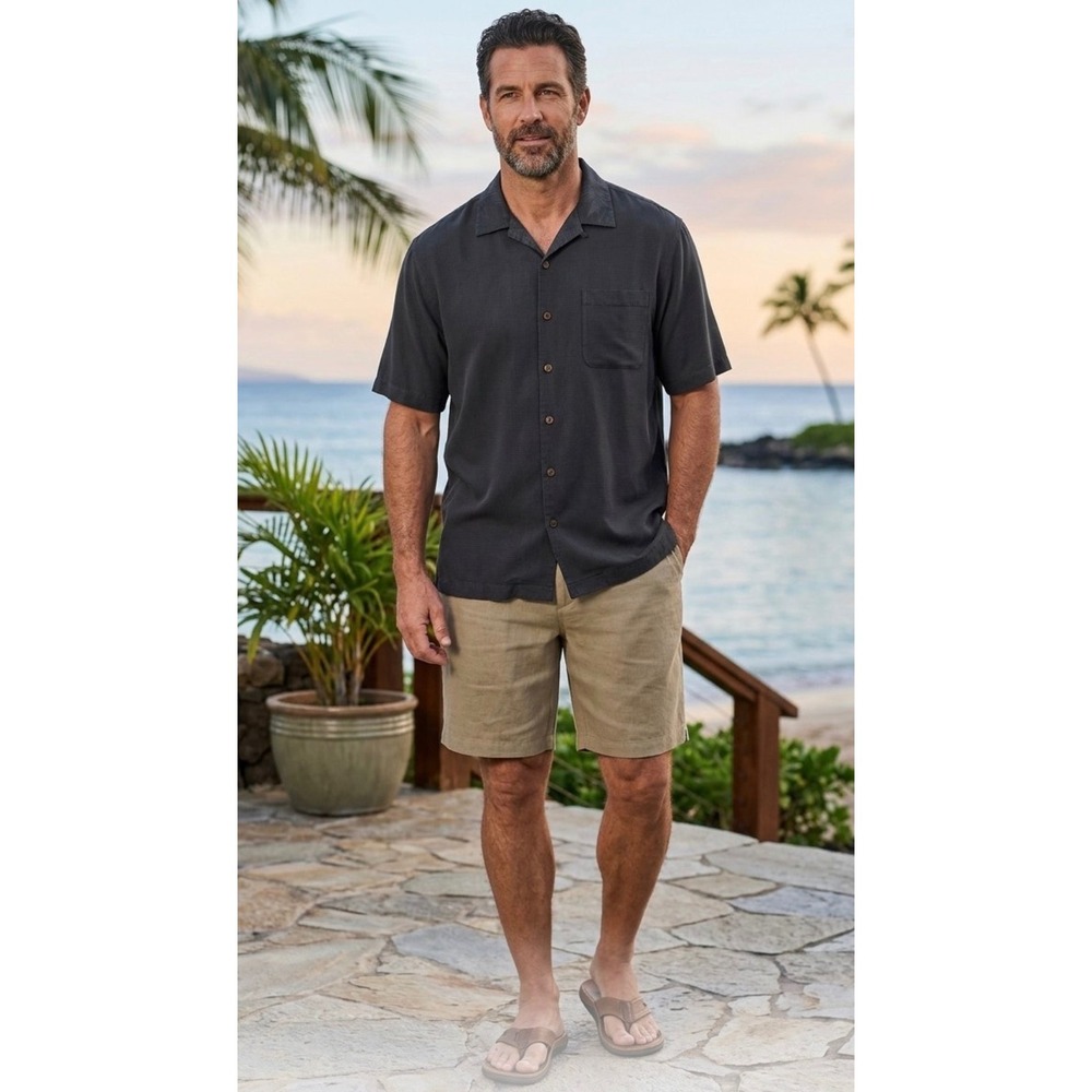 Tommy Bahama Mens Large Black 100% Silk Short Sleeve Camp Button Down Shirt